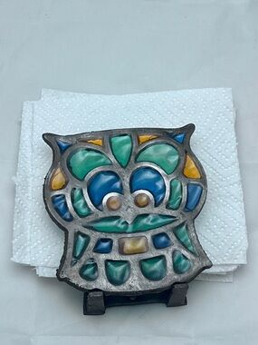 Vintage Cast Iron Stained Glass Owl Napkin Holder